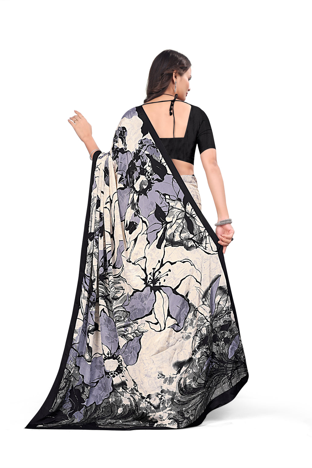 Printed Crepe Saree – Cream