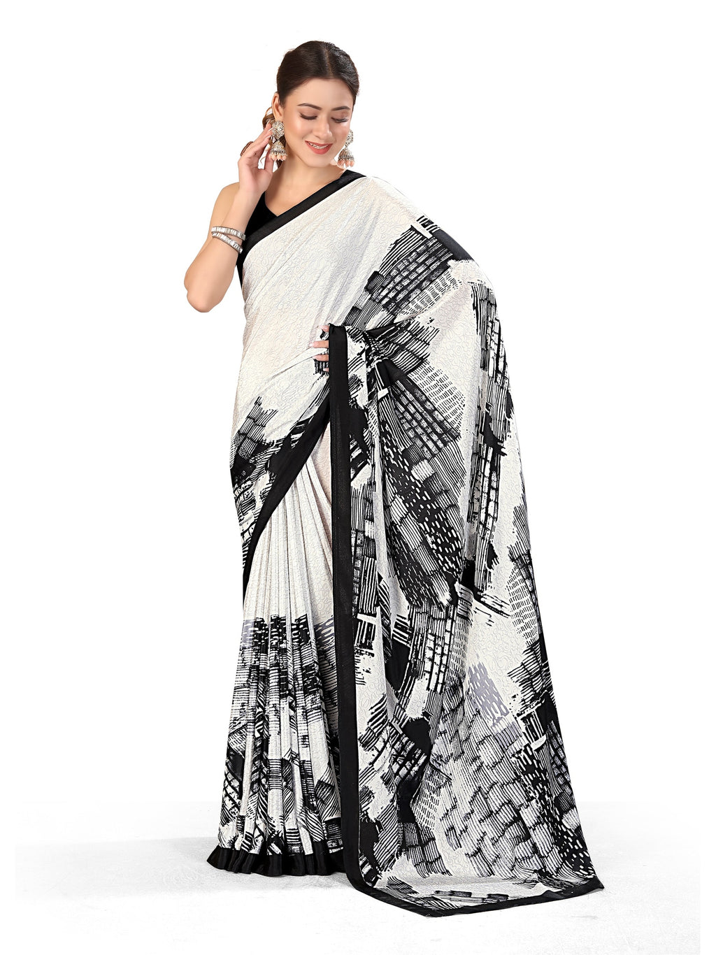 Printed Crepe Saree – White & Black