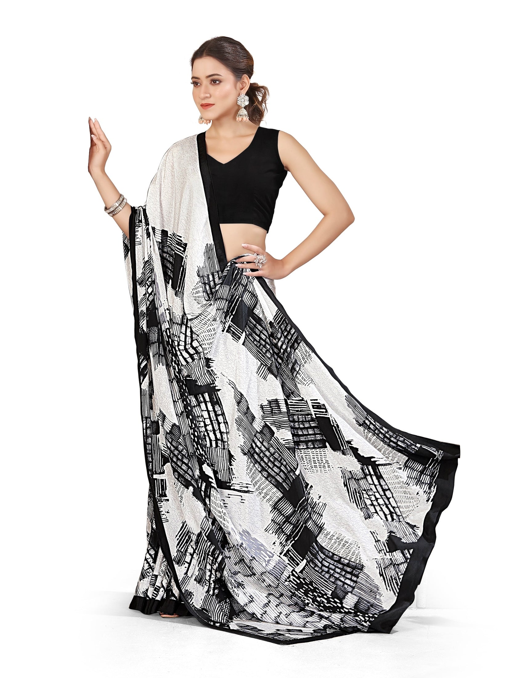 Printed Crepe Saree – White & Black