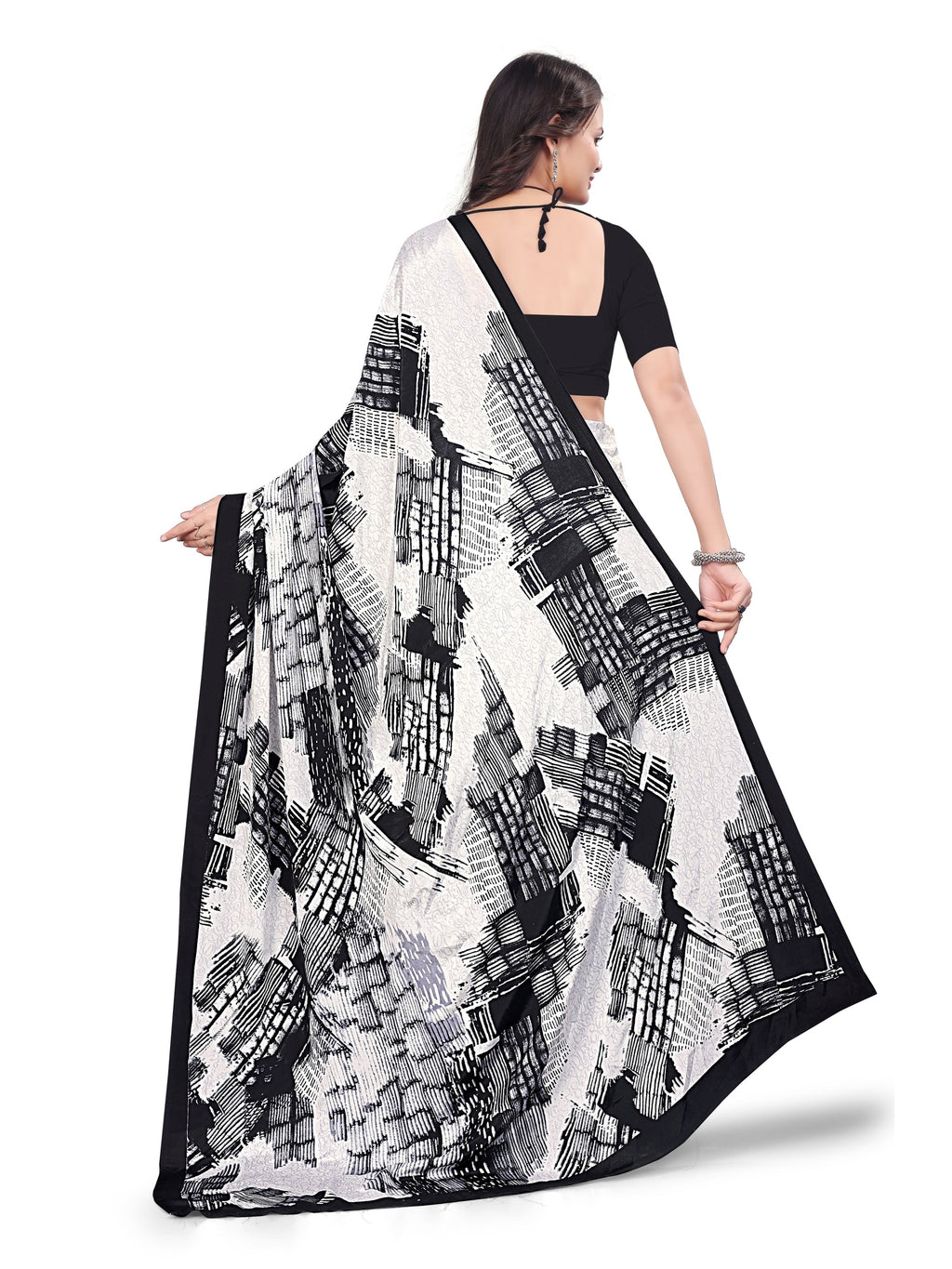 Printed Crepe Saree – White & Black