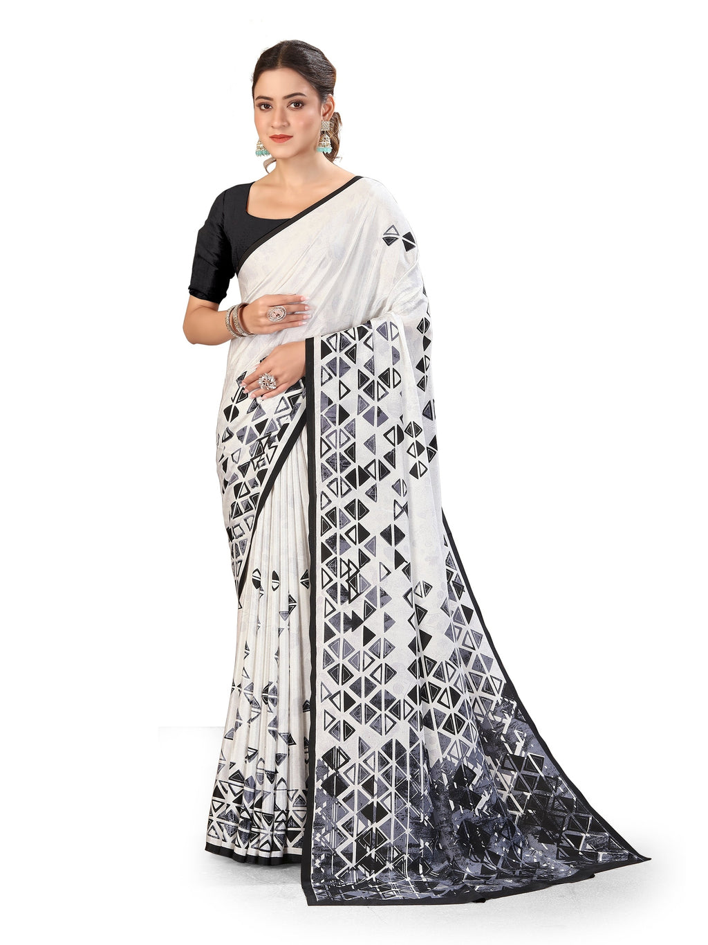 Printed Crepe Saree – White