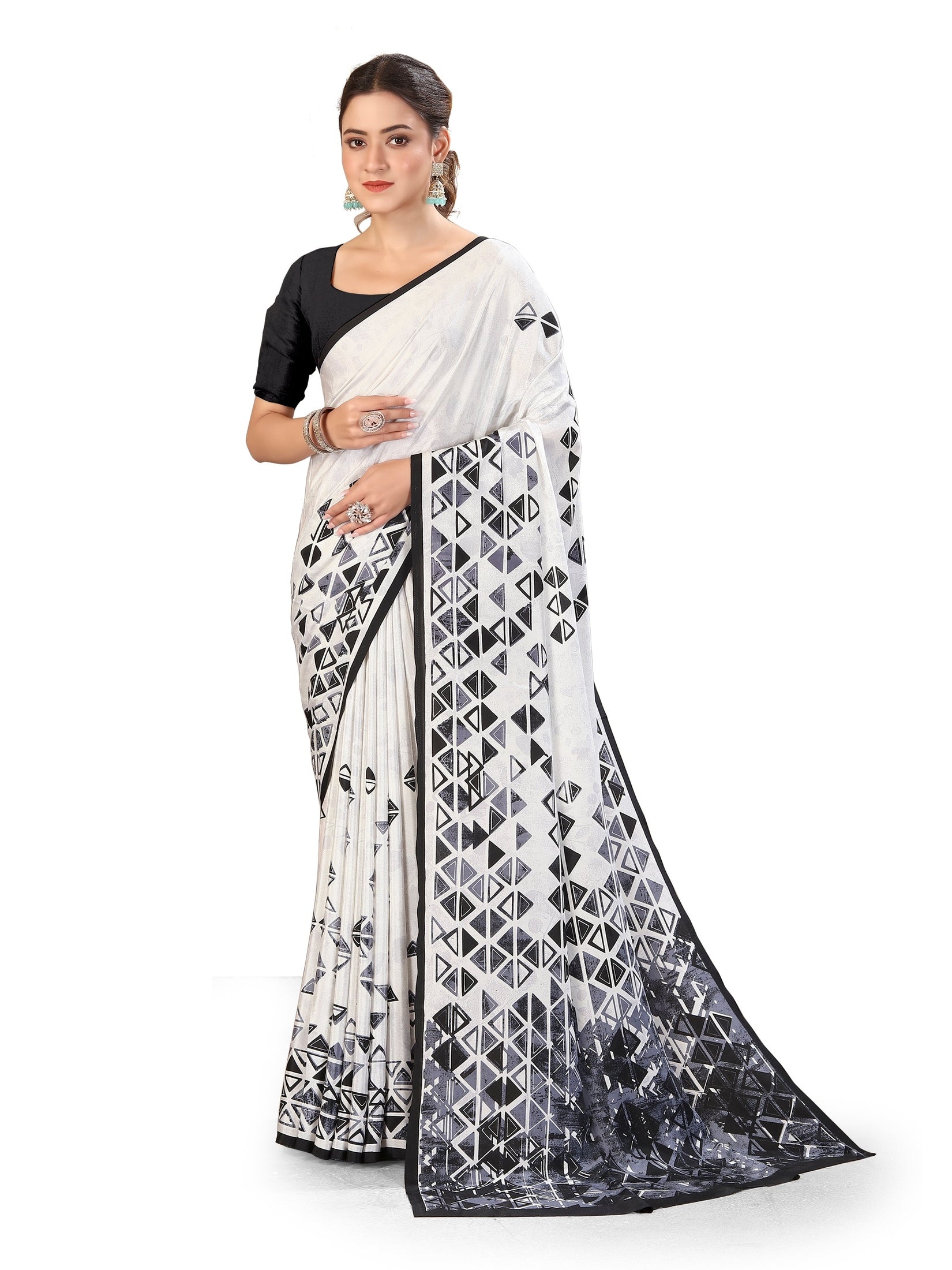 Printed Crepe Saree – White
