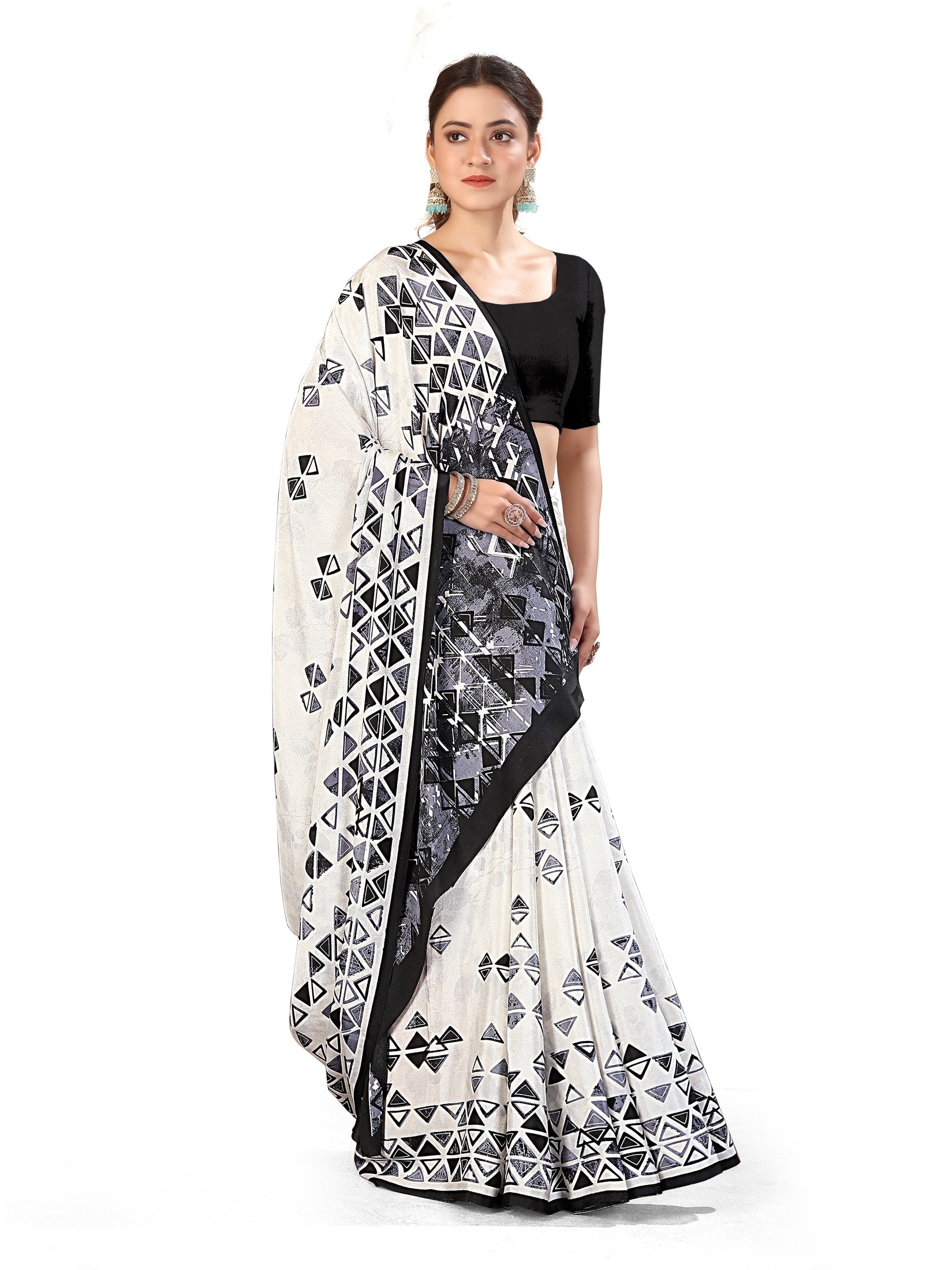 Printed Crepe Saree – White