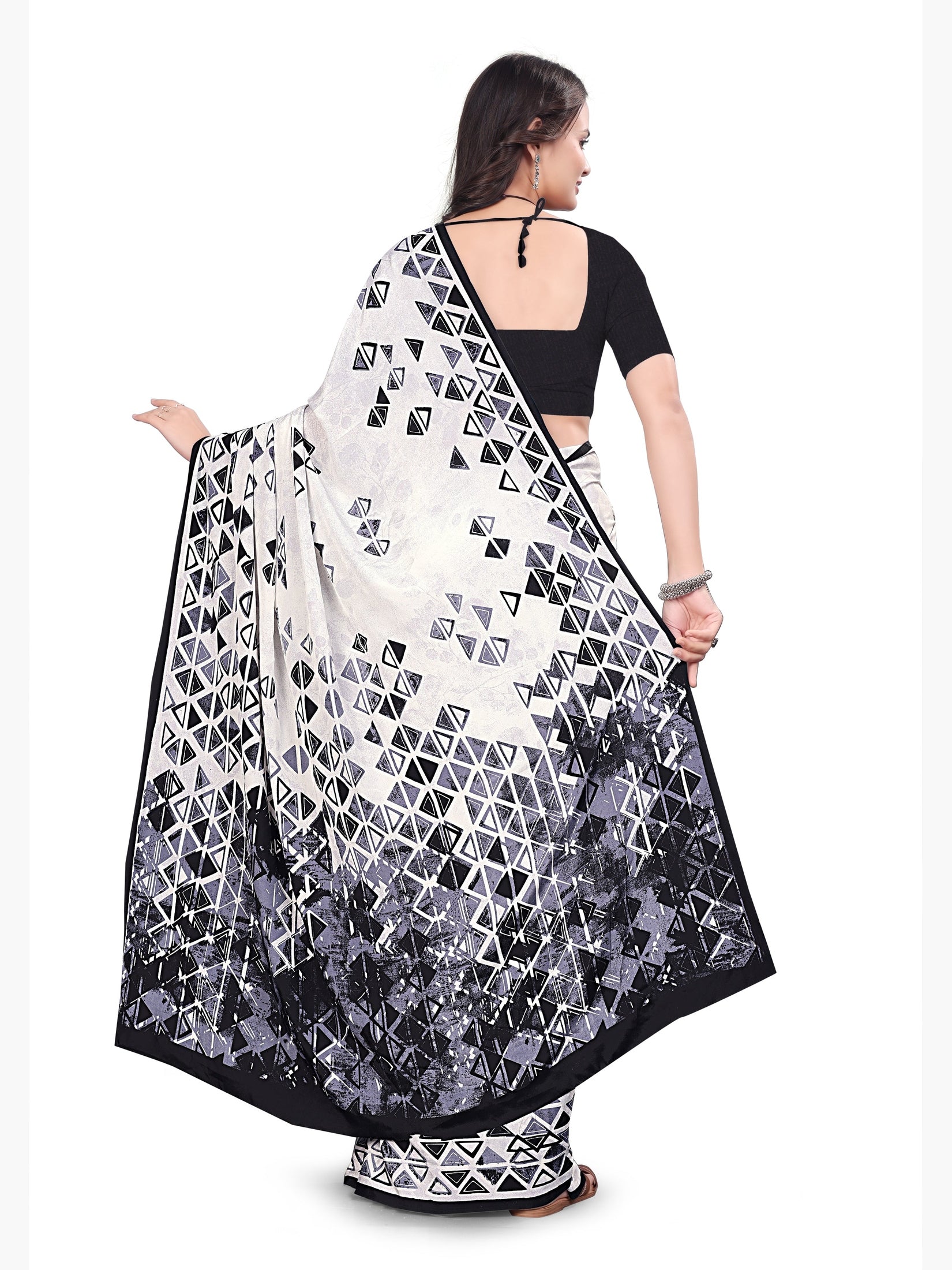 Printed Crepe Saree – White