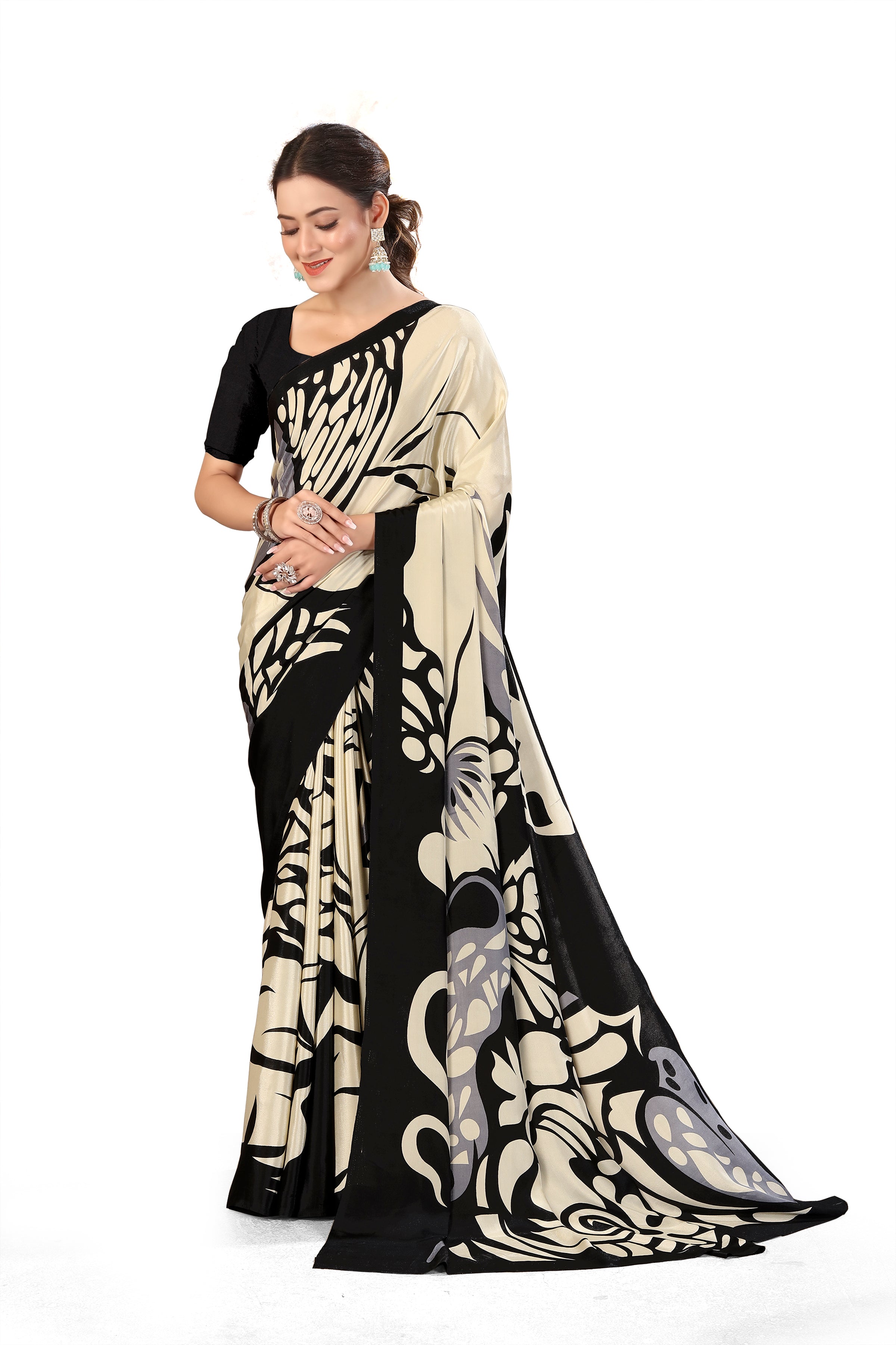 Printed Crepe Saree – Cream