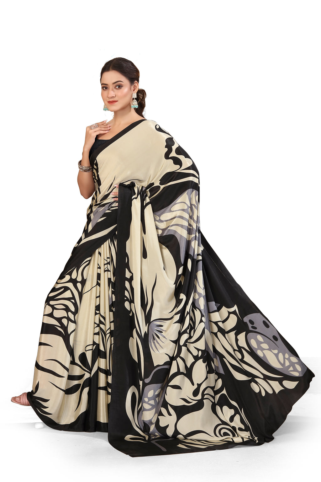 Printed Crepe Saree – Cream