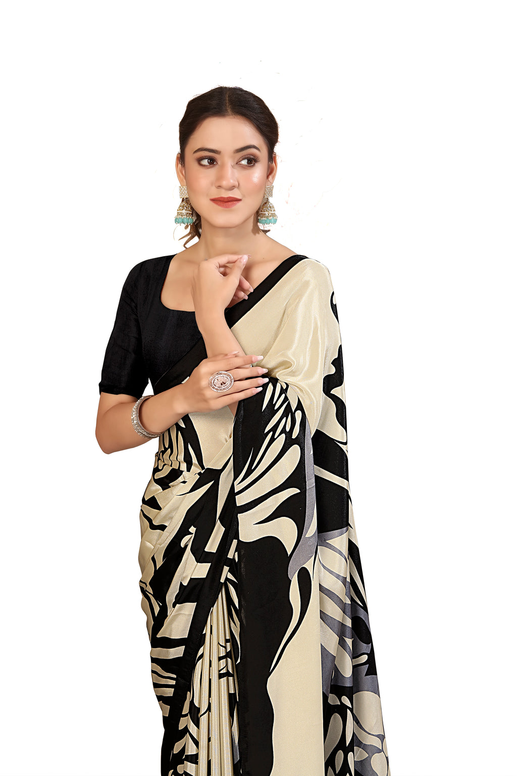 Printed Crepe Saree – Cream