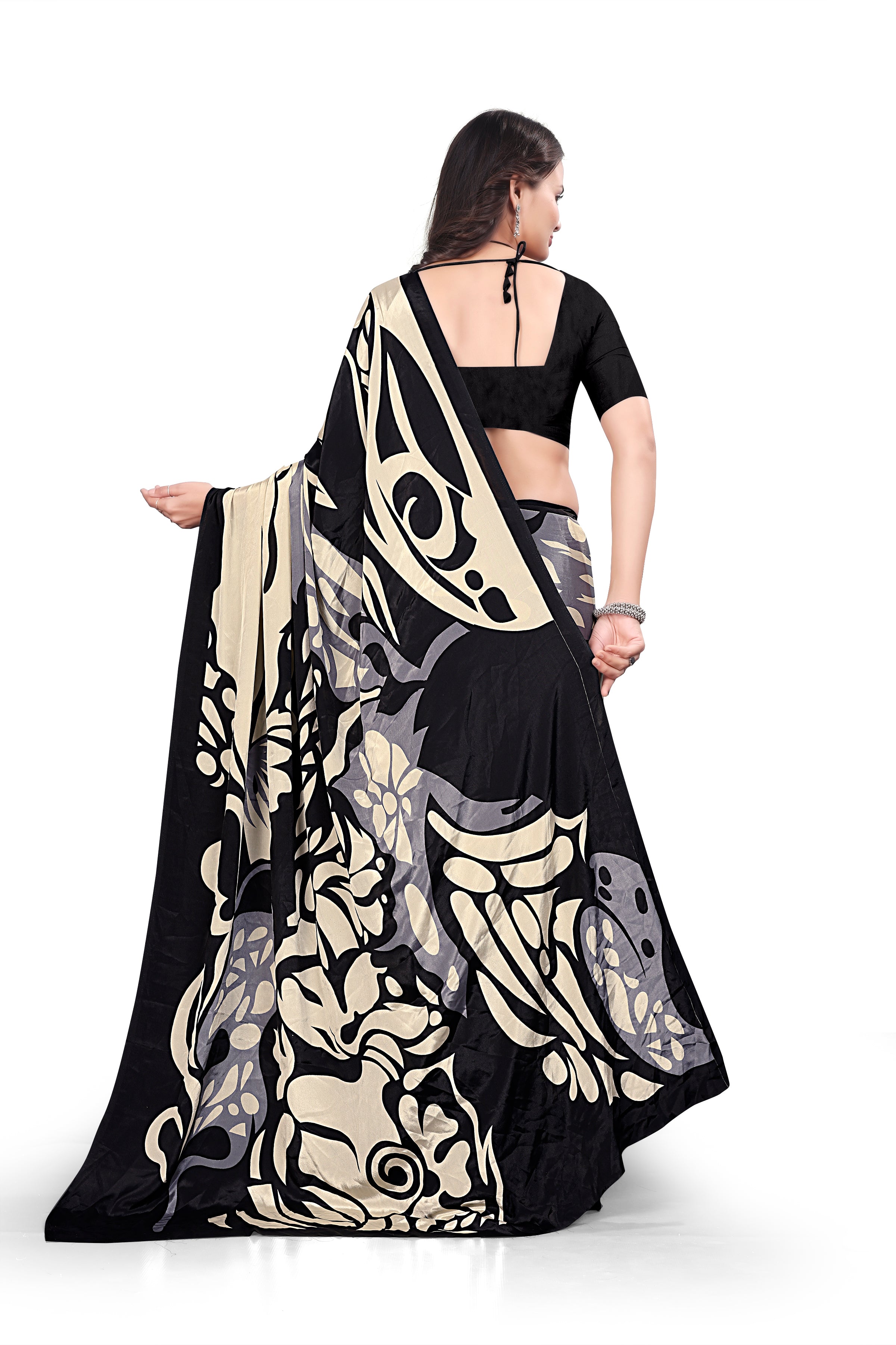 Printed Crepe Saree – Cream