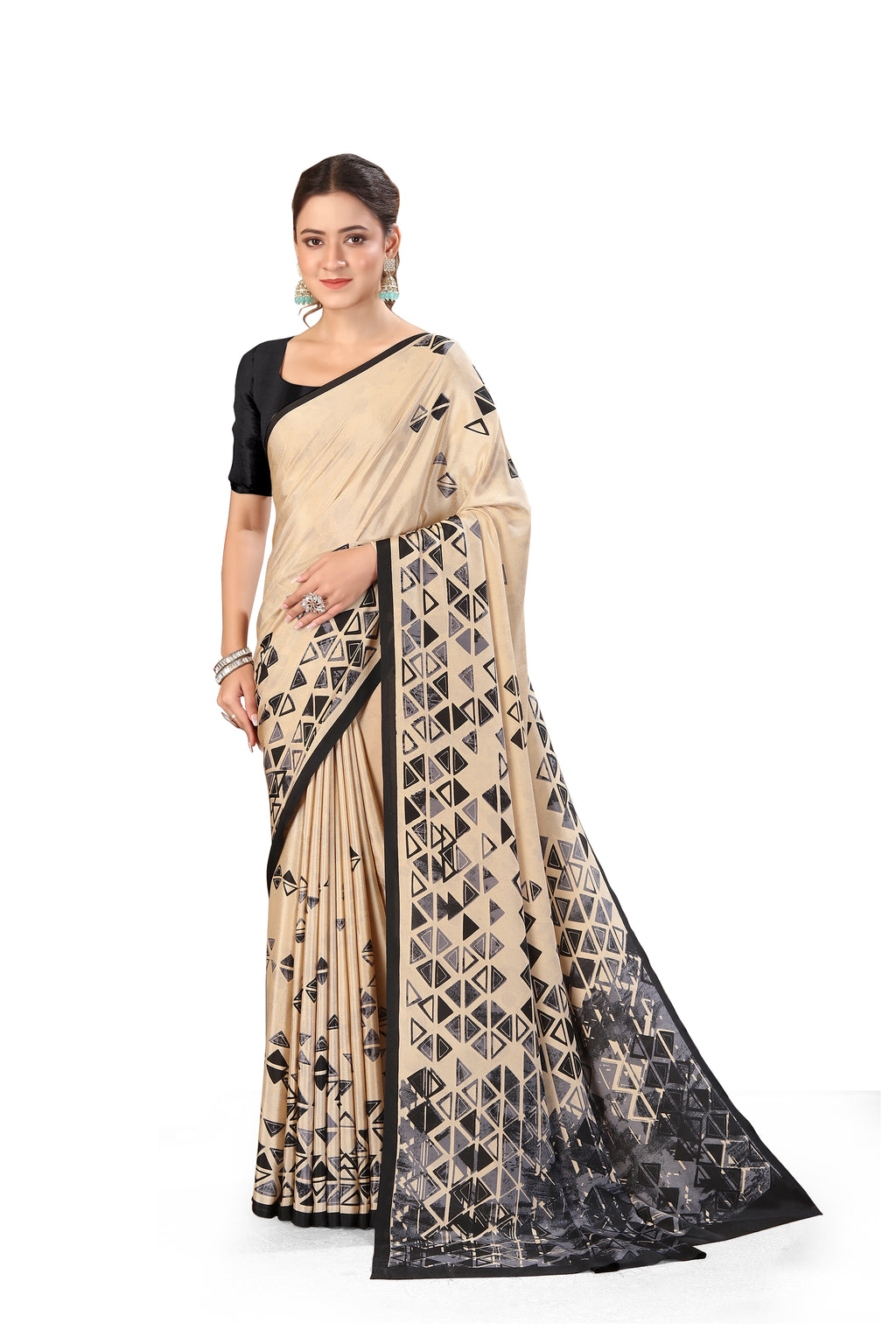 Printed Crepe Saree – Cream & Beige