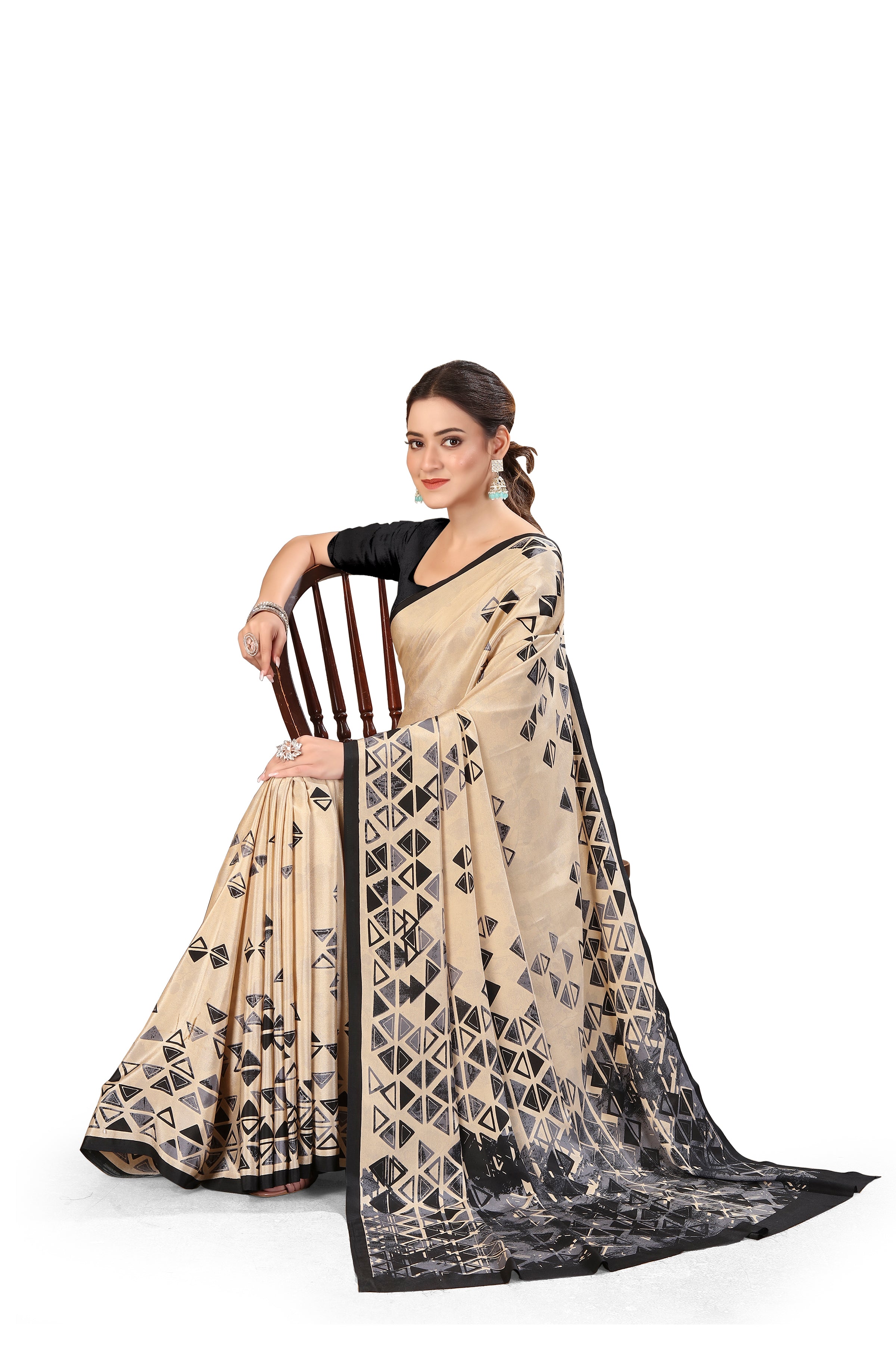 Printed Crepe Saree – Cream & Beige