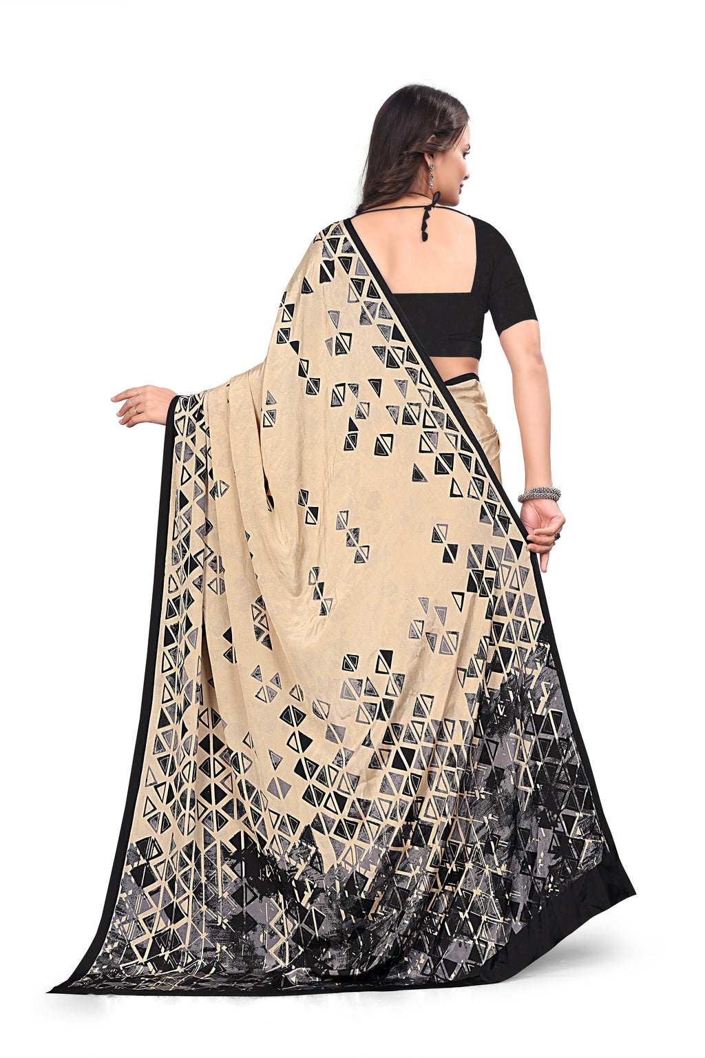 Printed Crepe Saree – Cream & Beige