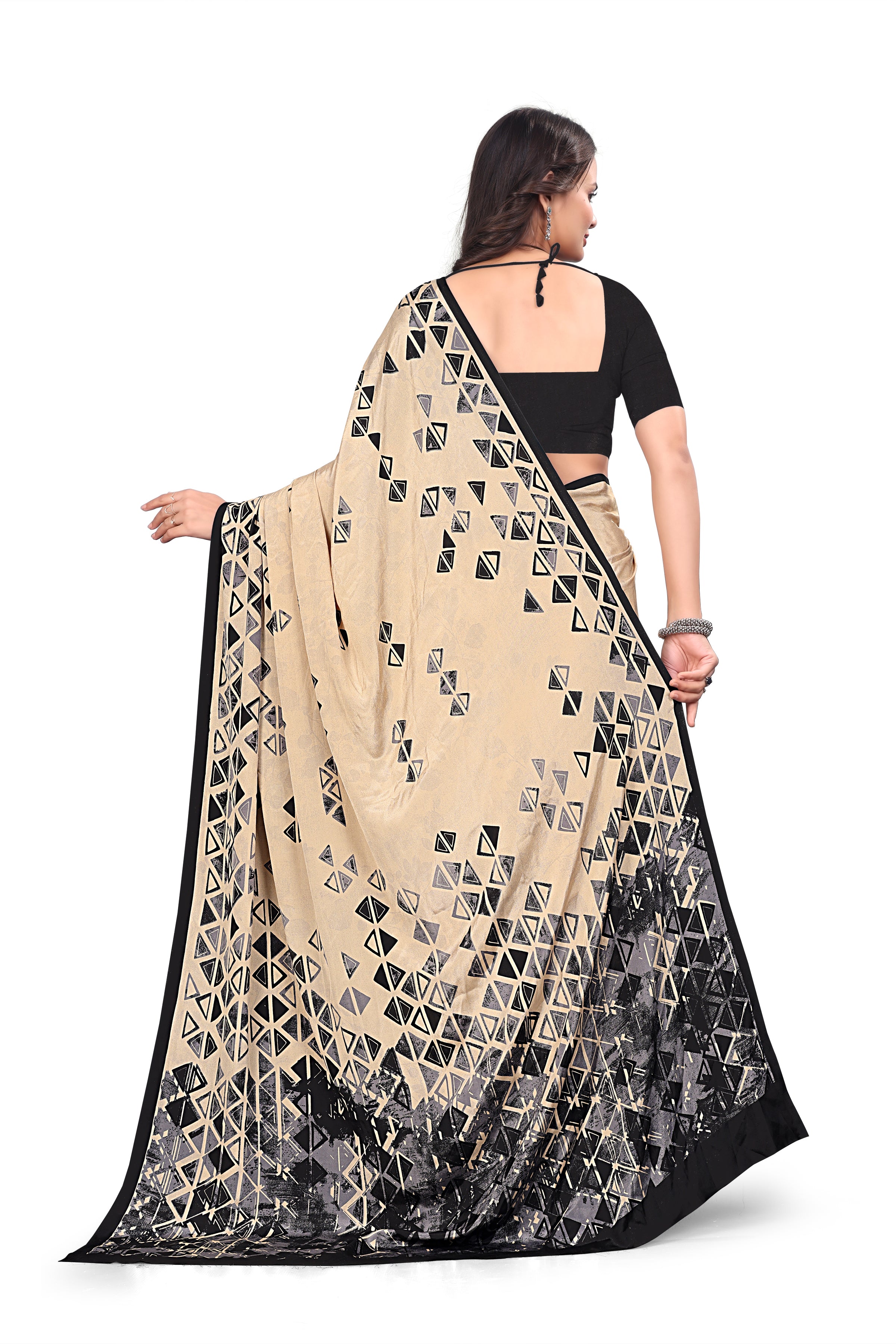 Printed Crepe Saree – Cream & Beige