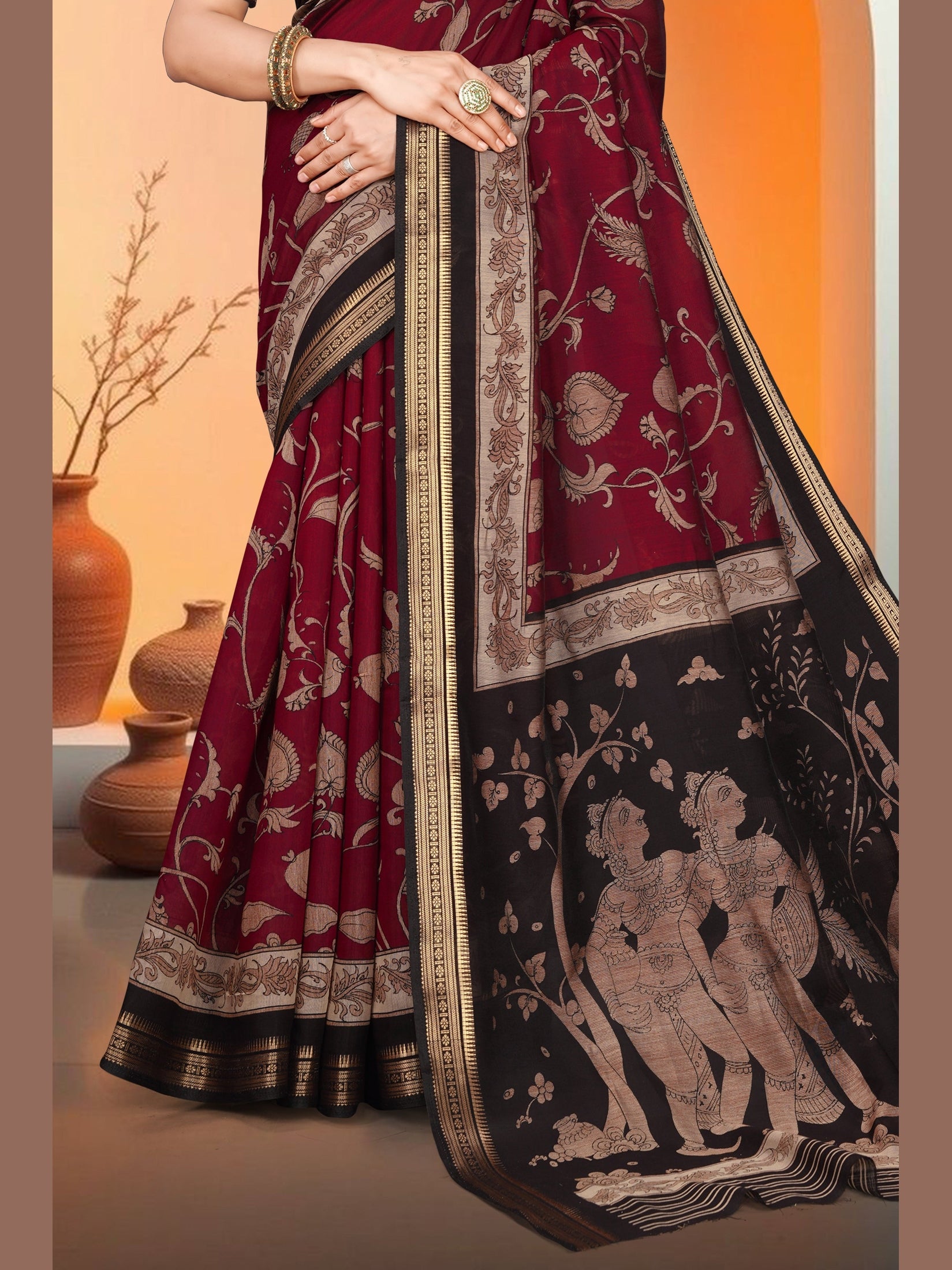 Kalamkari Art Print Saree – Maroon