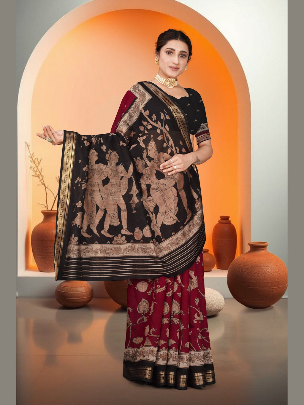 Kalamkari Art Print Saree – Maroon