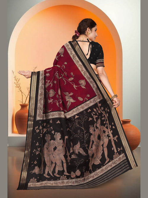Kalamkari Art Print Saree – Maroon