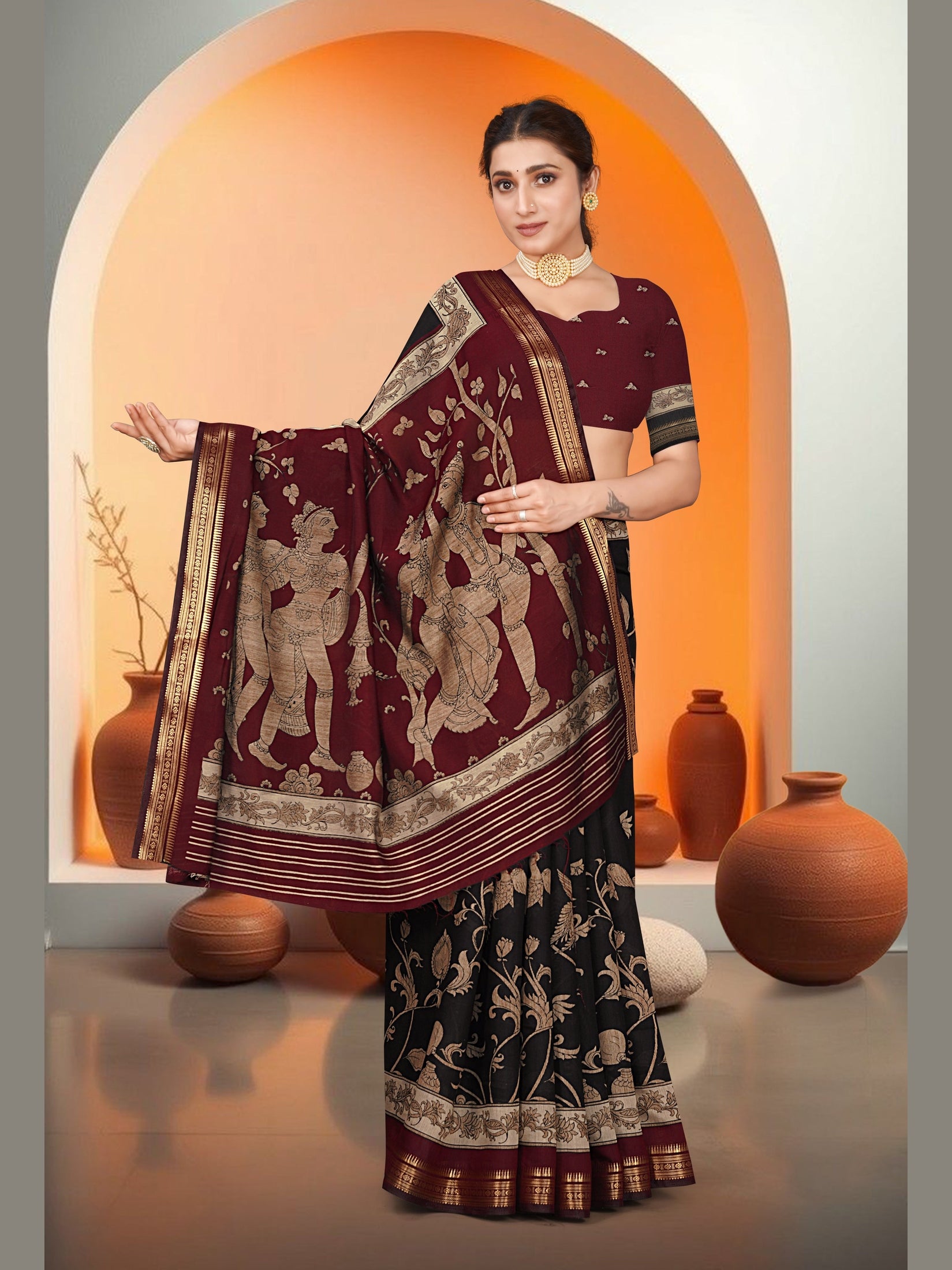 Kalamkari Art Print Saree – Black