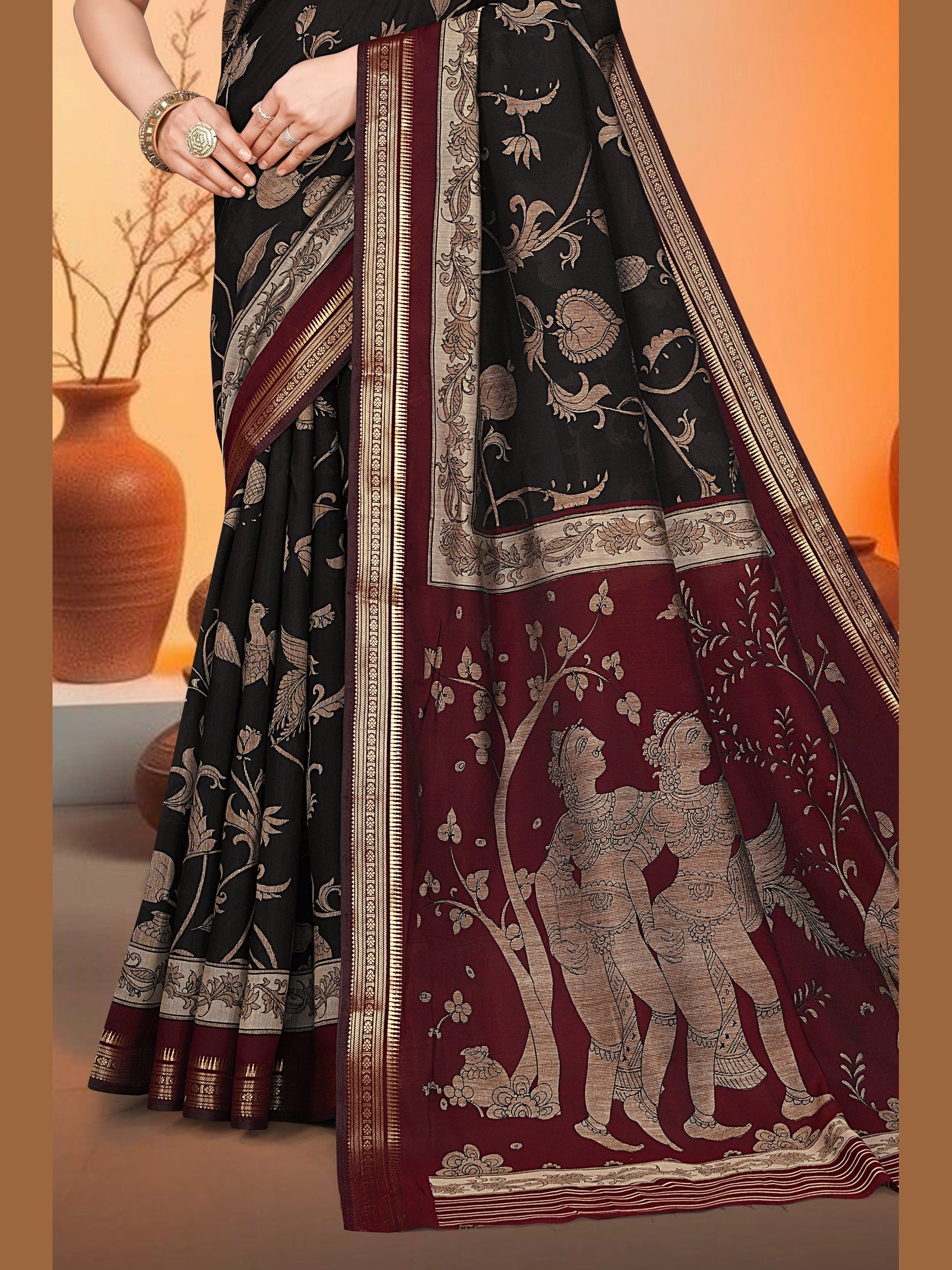 Kalamkari Art Print Saree – Black