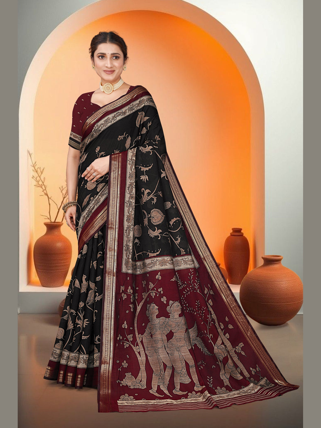 Kalamkari Art Print Saree – Black