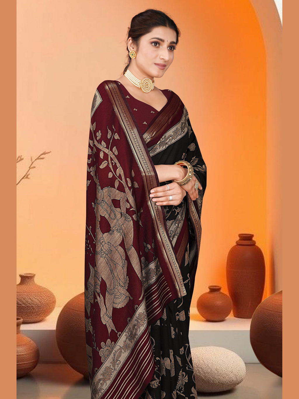 Kalamkari Art Print Saree – Black