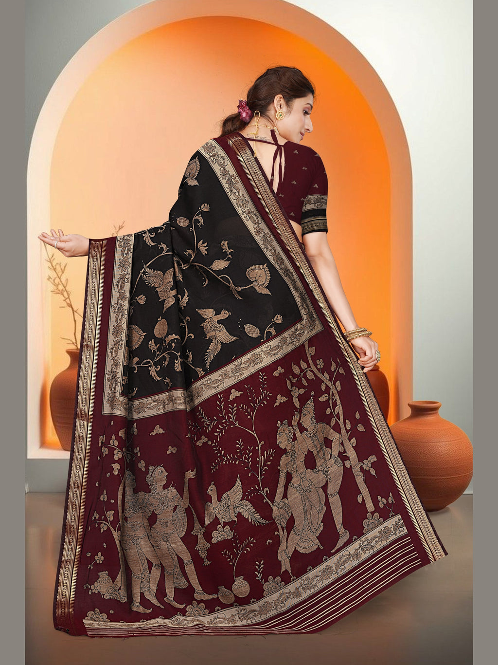 Kalamkari Art Print Saree – Black