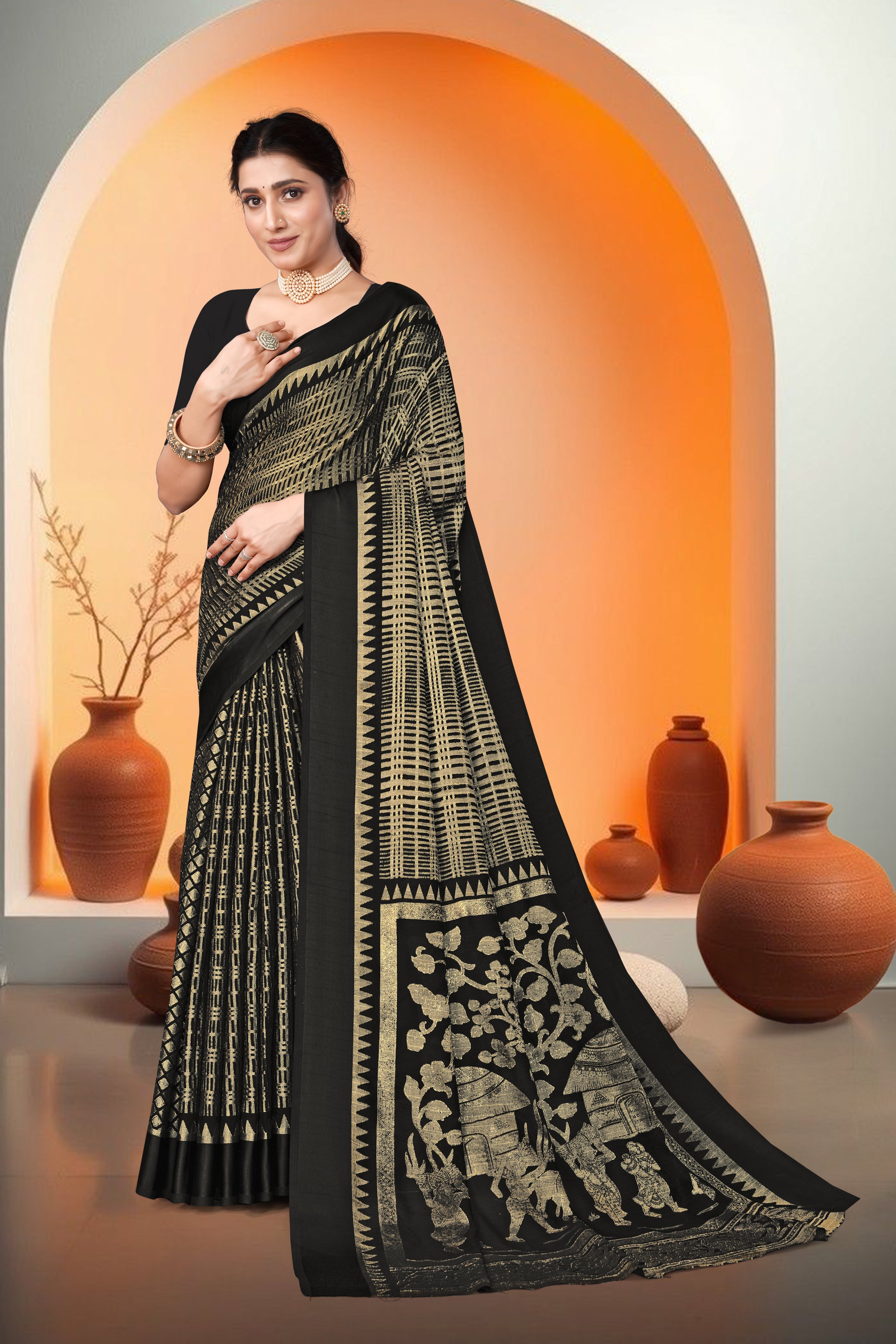 Woman wearing a black saree with gold patterns in front of an orange archway.