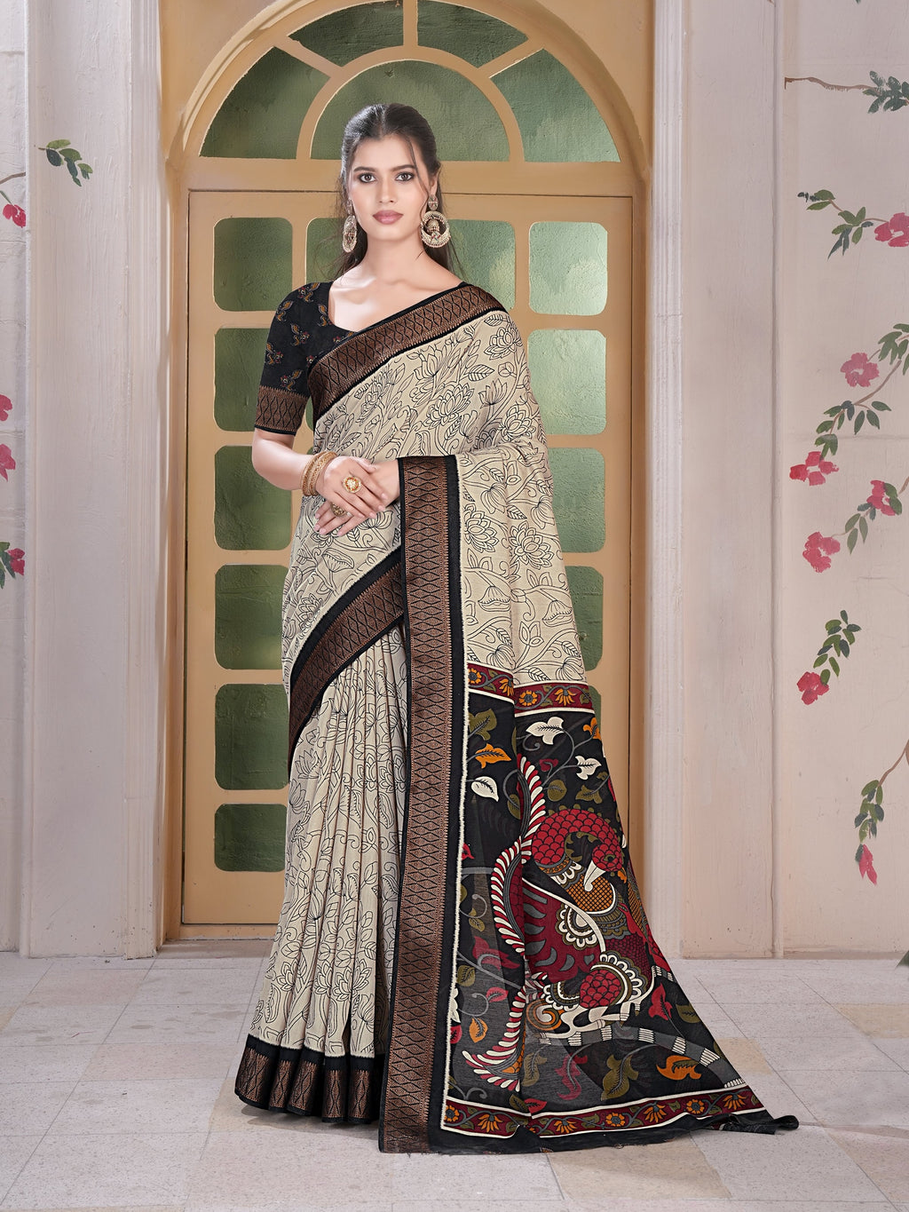 Pencil Print Saree – Beige & Black