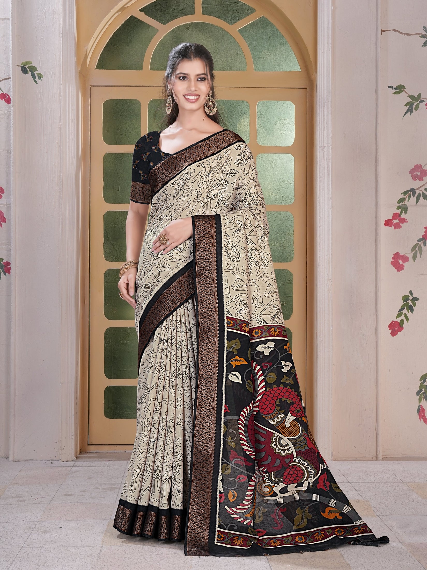 Pencil Print Saree – Beige & Black
