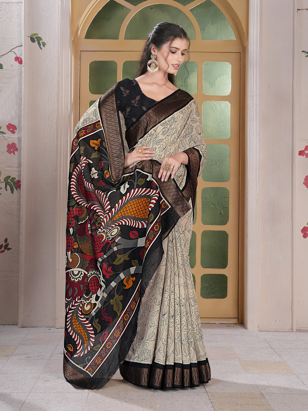 Pencil Print Saree – Beige & Black