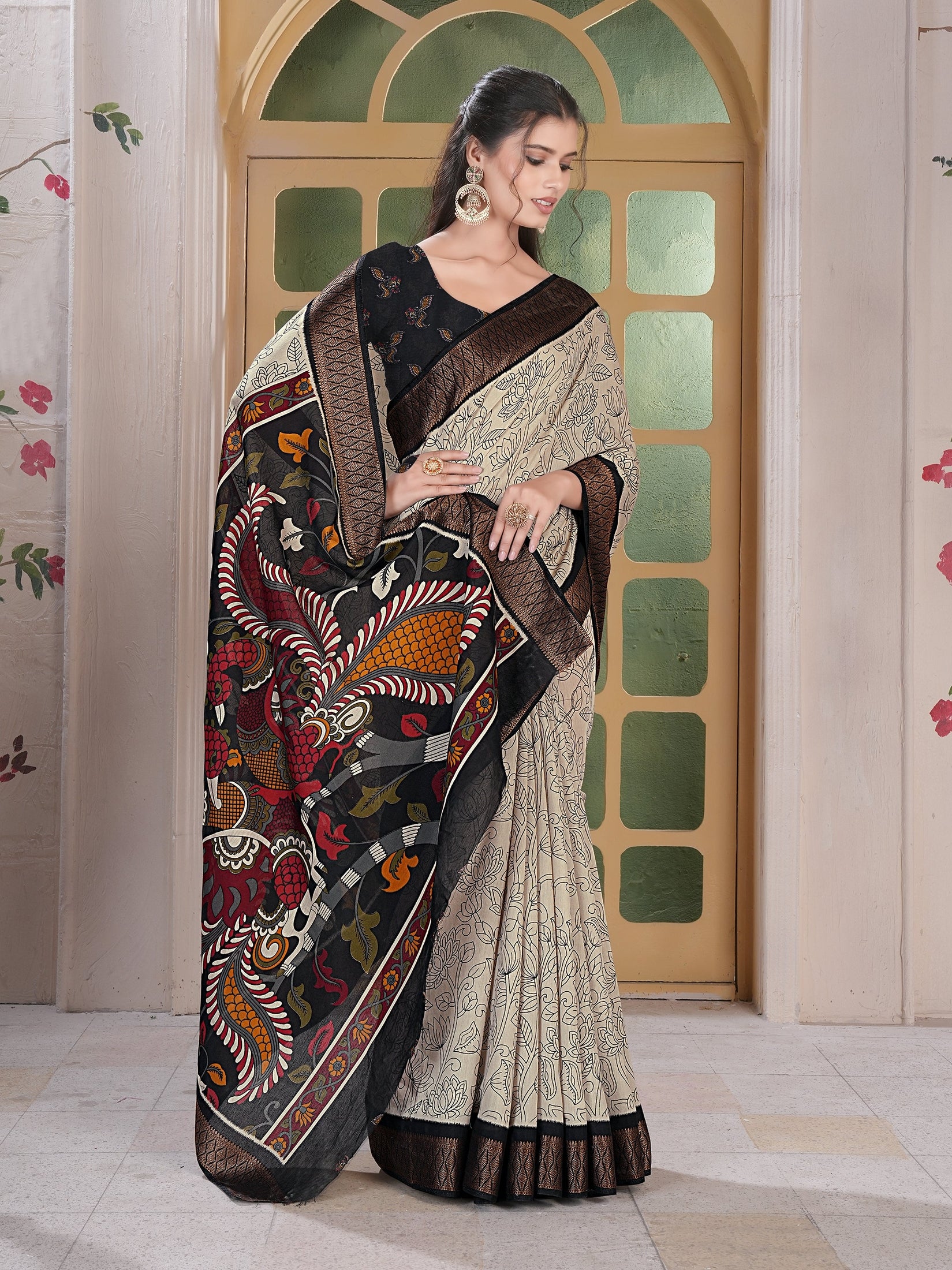 Pencil Print Saree – Beige & Black