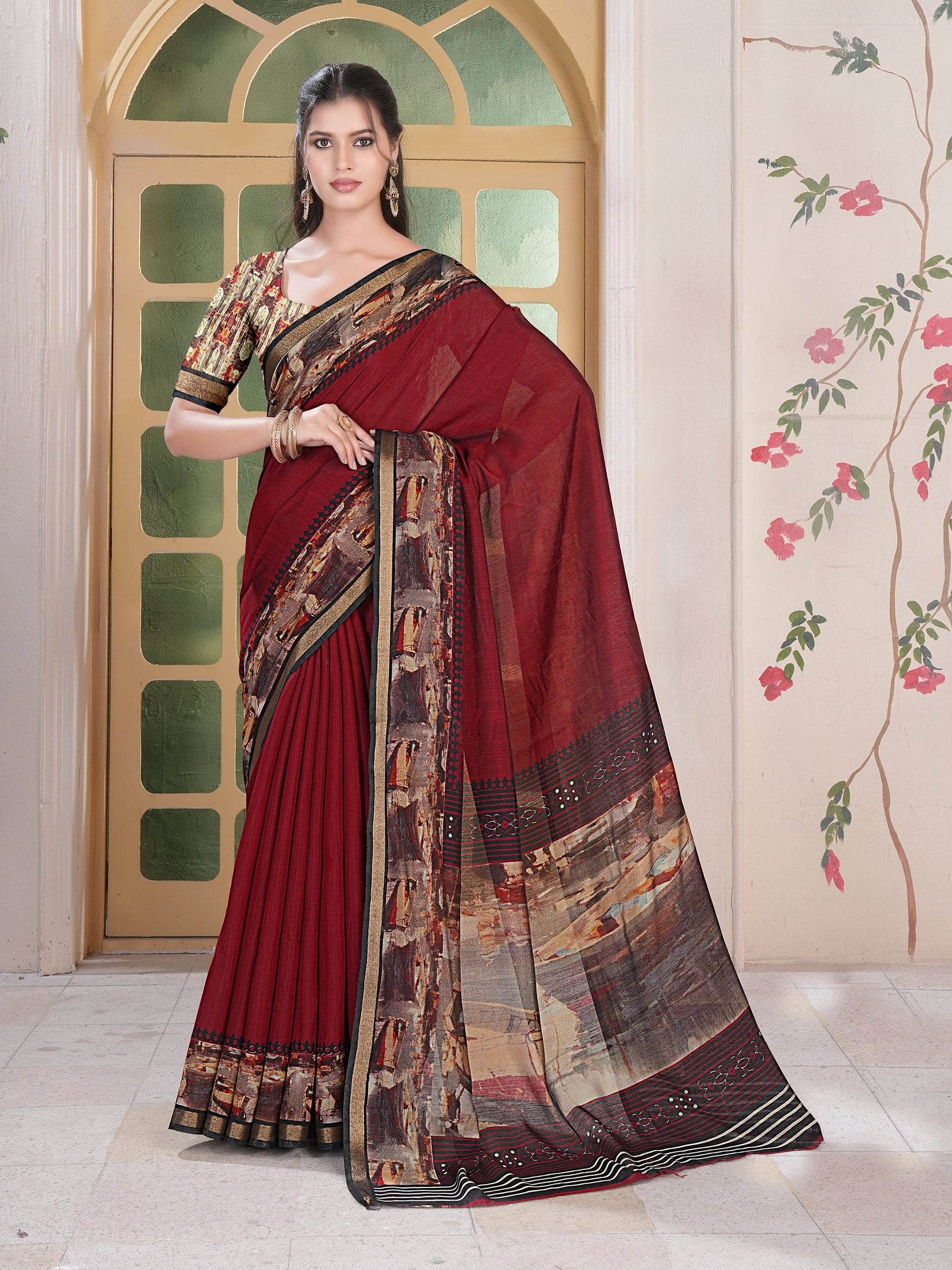 Kalamkari Printed Saree – Maroon