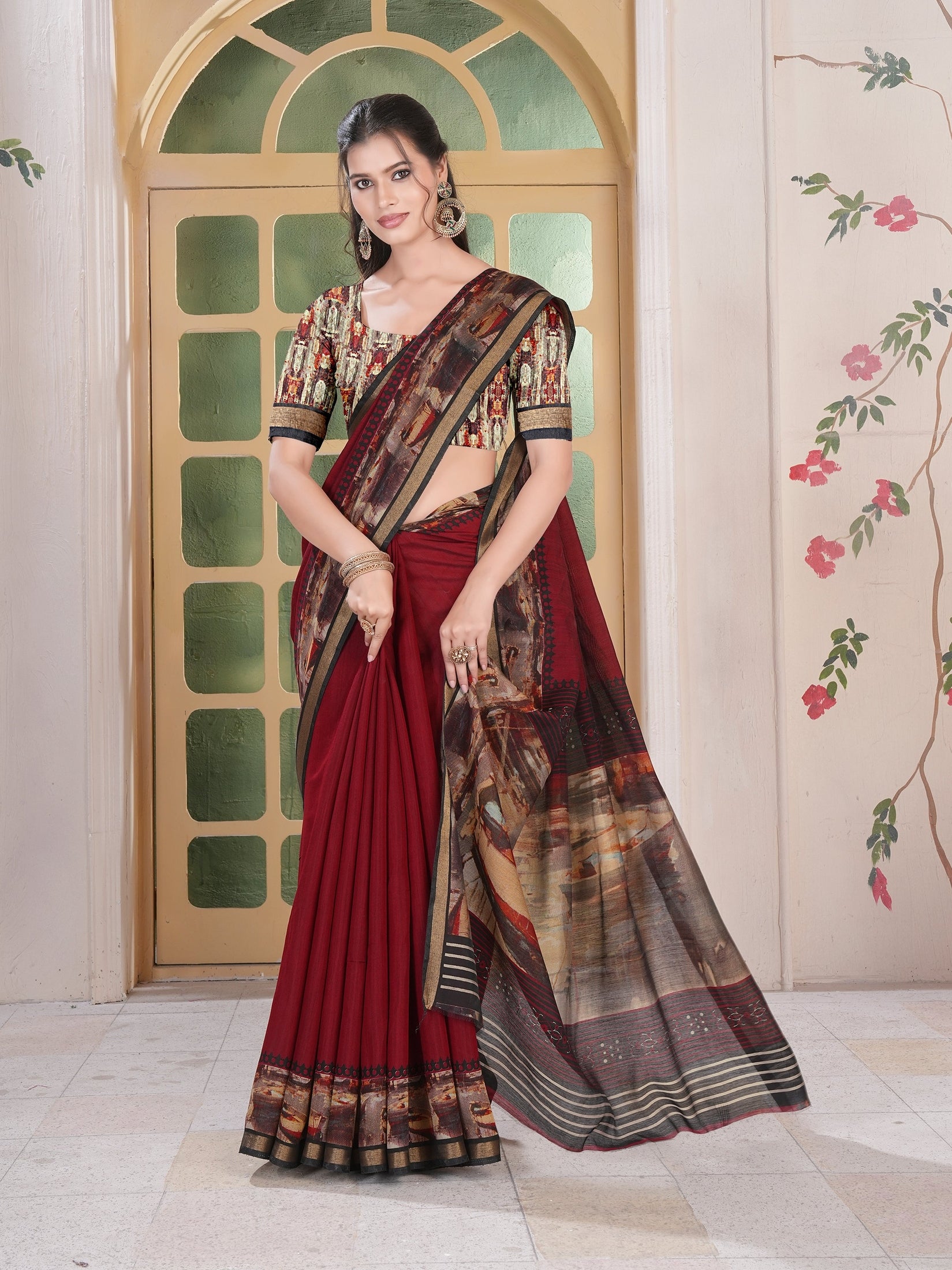 Kalamkari Printed Saree – Maroon