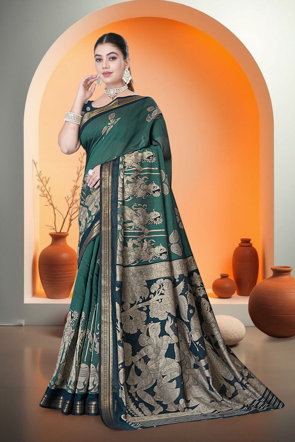 Kalamkari Printed Saree – Bottle Green