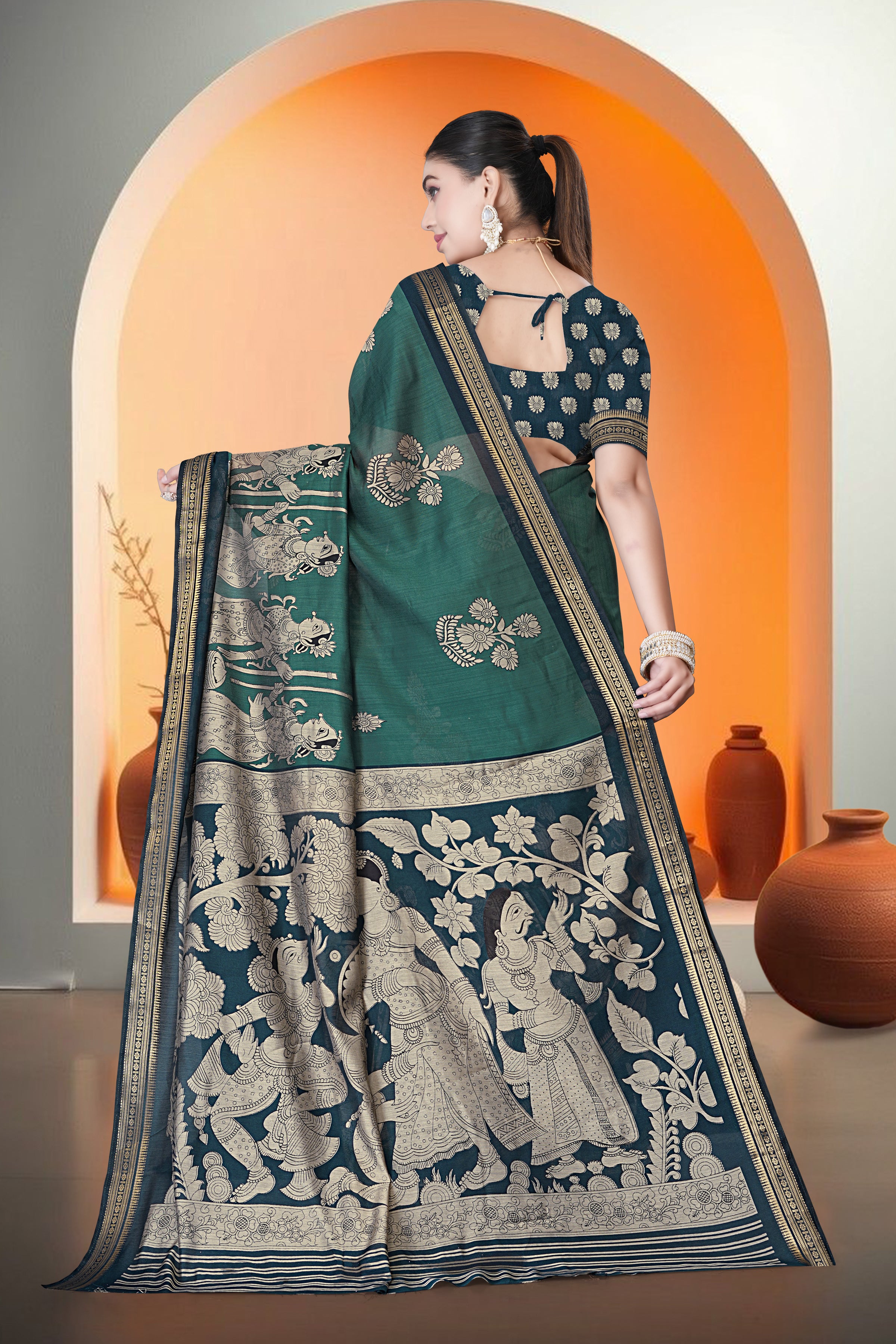 Kalamkari Printed Saree – Bottle Green