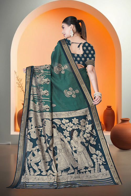 Kalamkari Printed Saree – Bottle Green