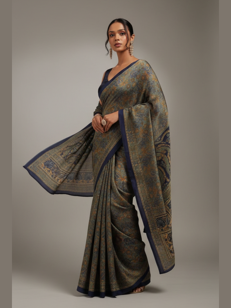 Printed Crepe Saree – Navy Blue