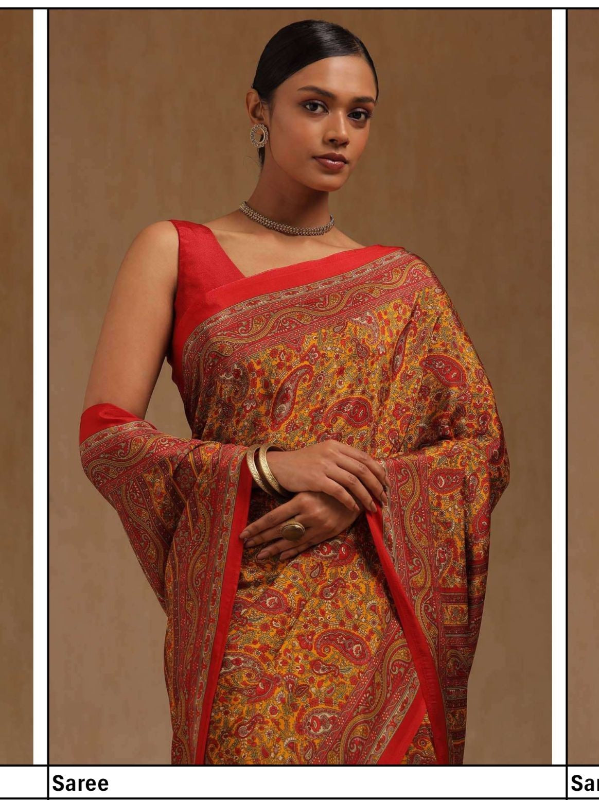 Printed Crepe Saree – Red & Mustard