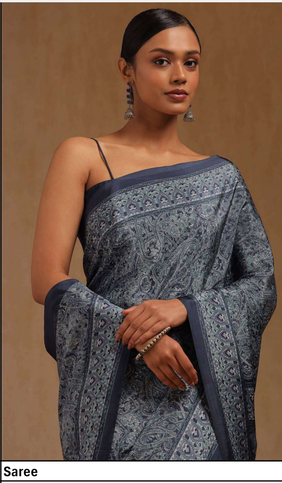 Printed Crepe Saree – Charcoal Blue