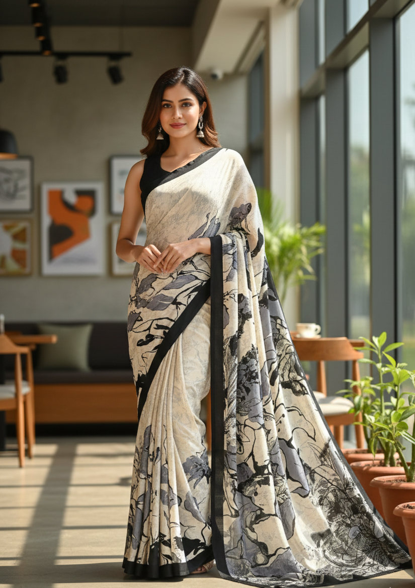 Printed Crepe Saree – Cream