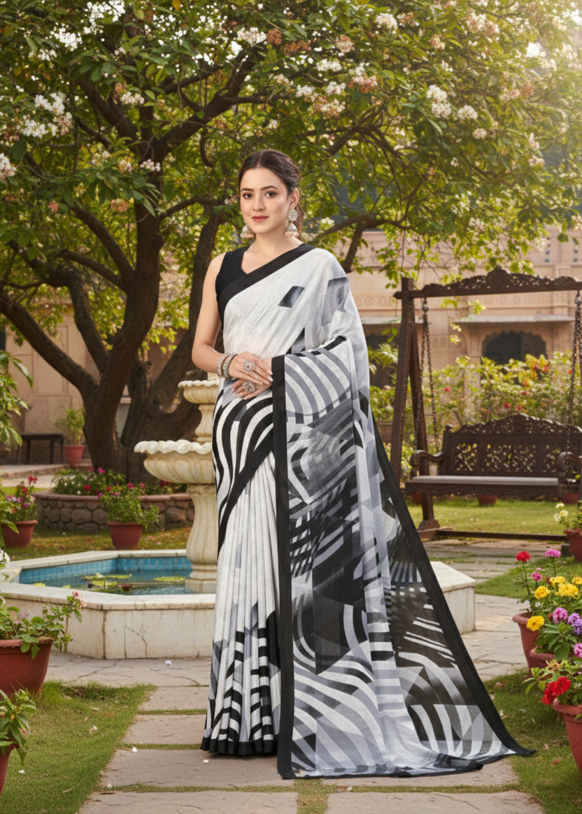 Printed Crepe Saree – White