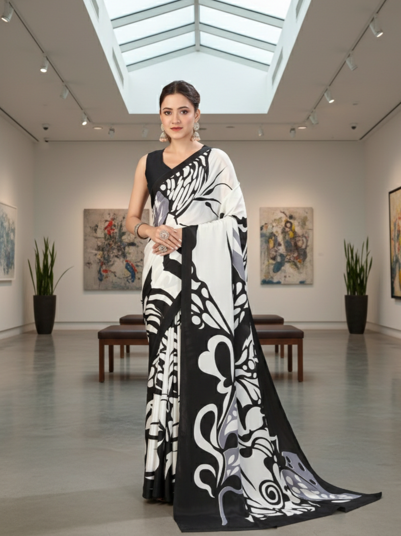 Printed Crepe Saree – White & Black