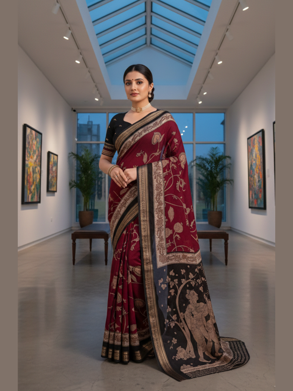 Kalamkari Art Print Saree – Maroon
