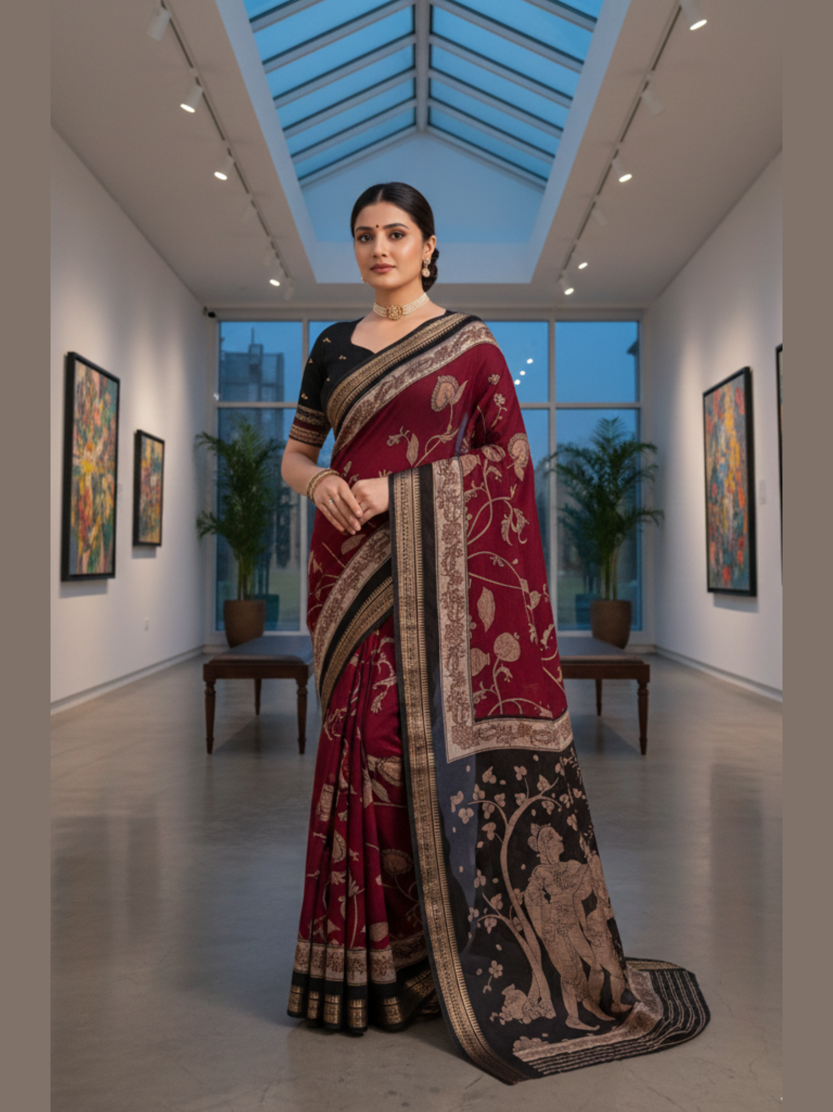 Kalamkari Art Print Saree – Maroon