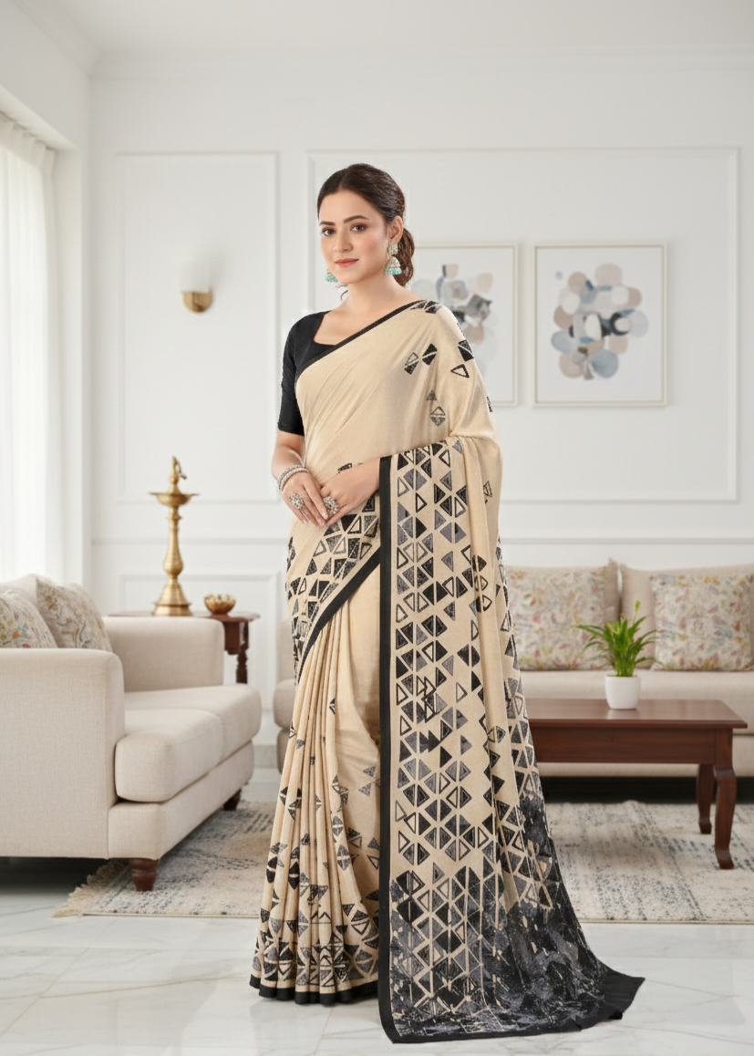 Printed Crepe Saree – Cream & Beige