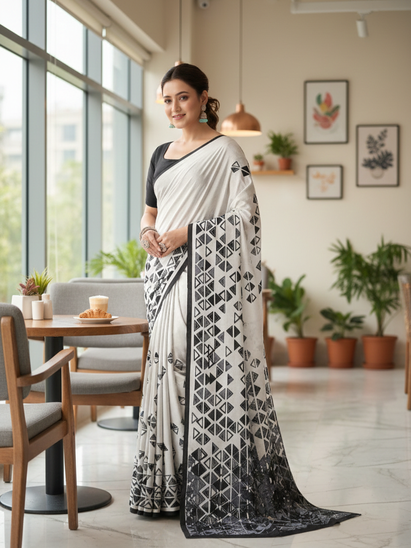 Printed Crepe Saree – White
