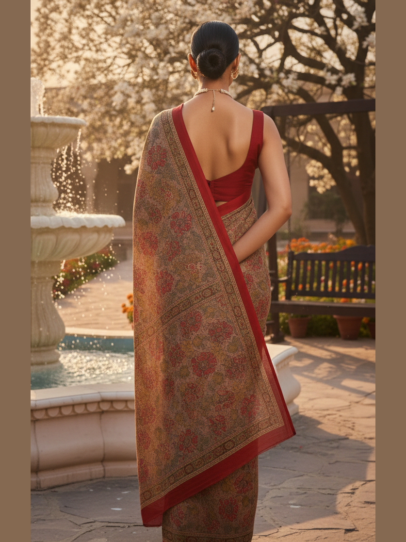Printed Crepe Saree – Deep Red