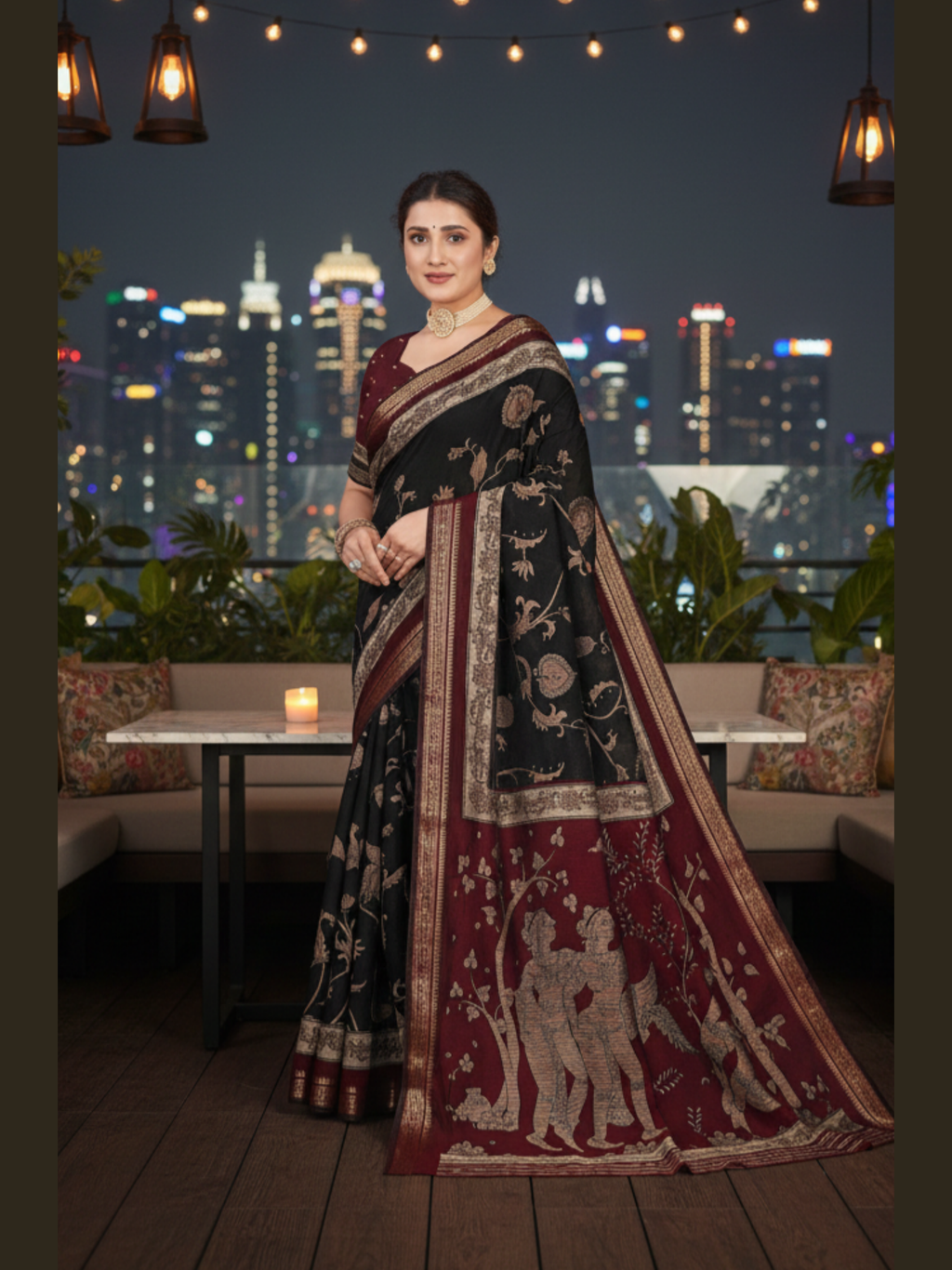 Kalamkari Art Print Saree – Black