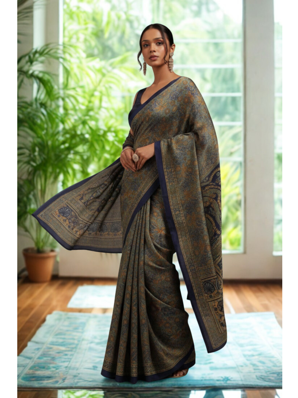 Printed Crepe Saree – Navy Blue