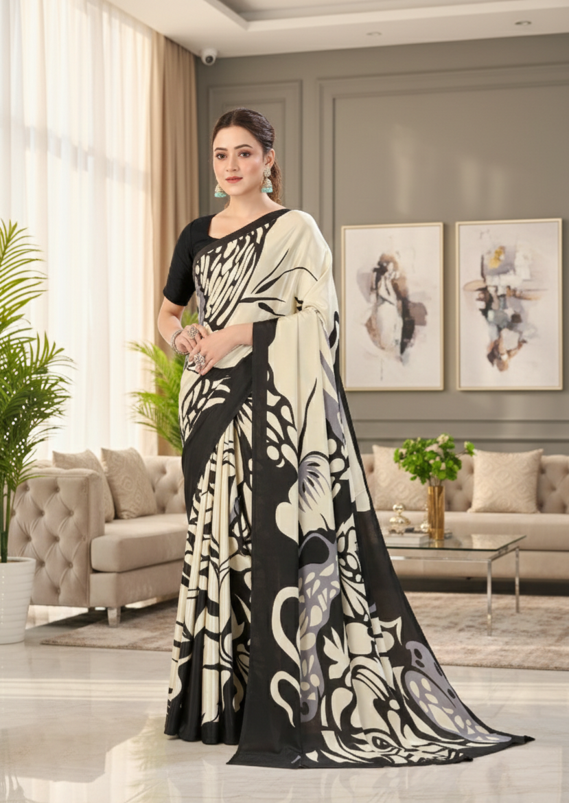 Printed Crepe Saree – Cream