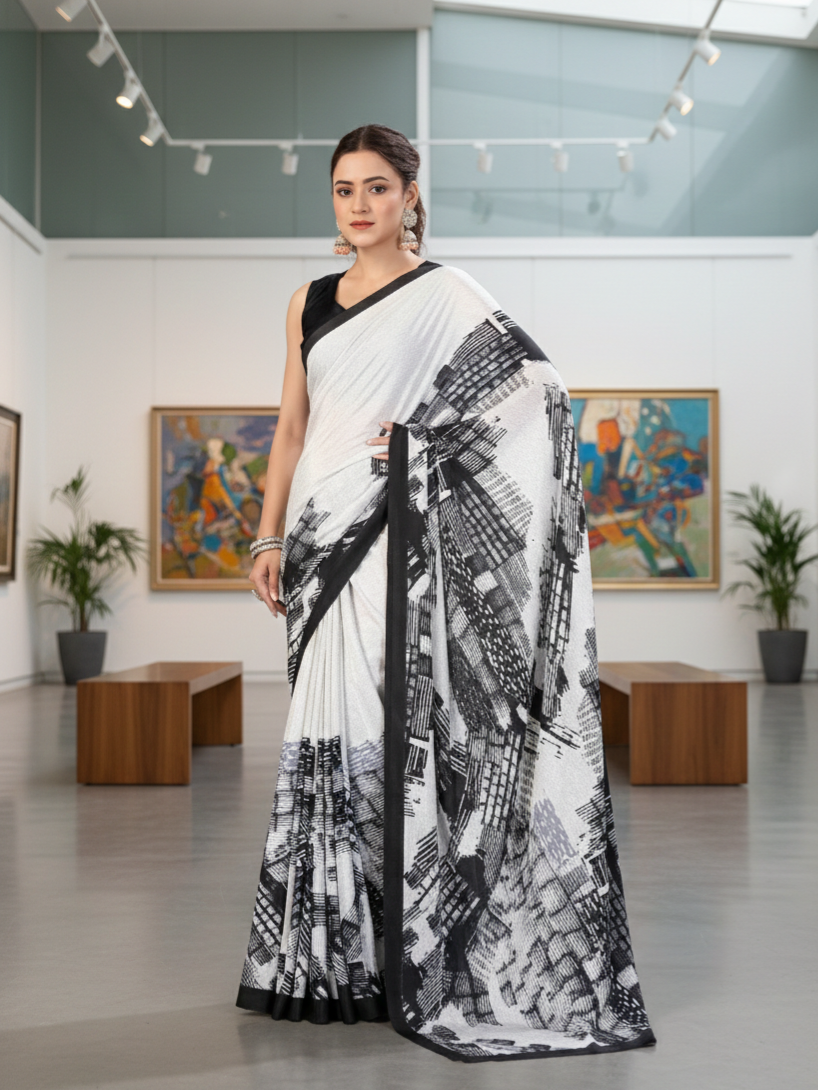 Printed Crepe Saree – White & Black